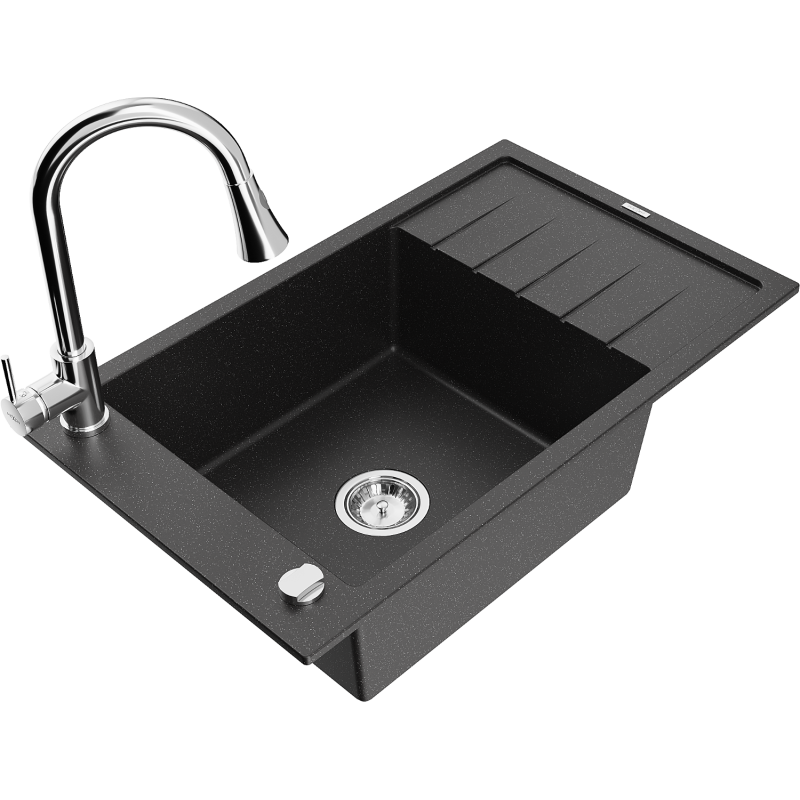 Mexen Elias fregadero de granito 1-cubeta con escurridor y grifo de cocina Elia, negro/plata metálica - 6511-73-670101-00