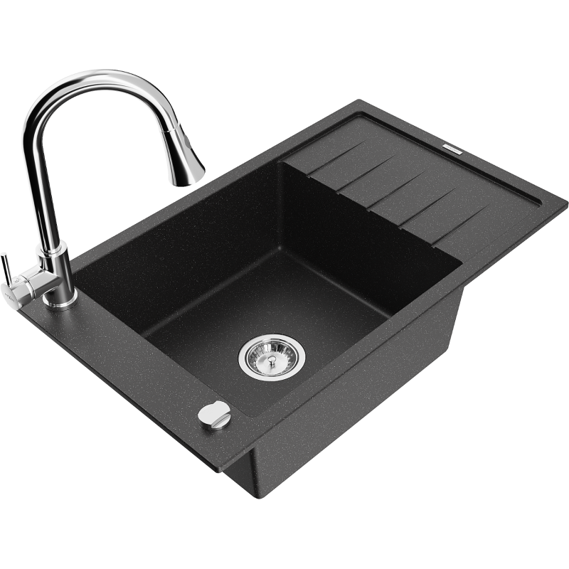 Mexen Elias granieten gootsteen 1-kompartment met afdruiprek en keukenkraan Elia, zwart/zilver metallic - 6511-73-670101-00