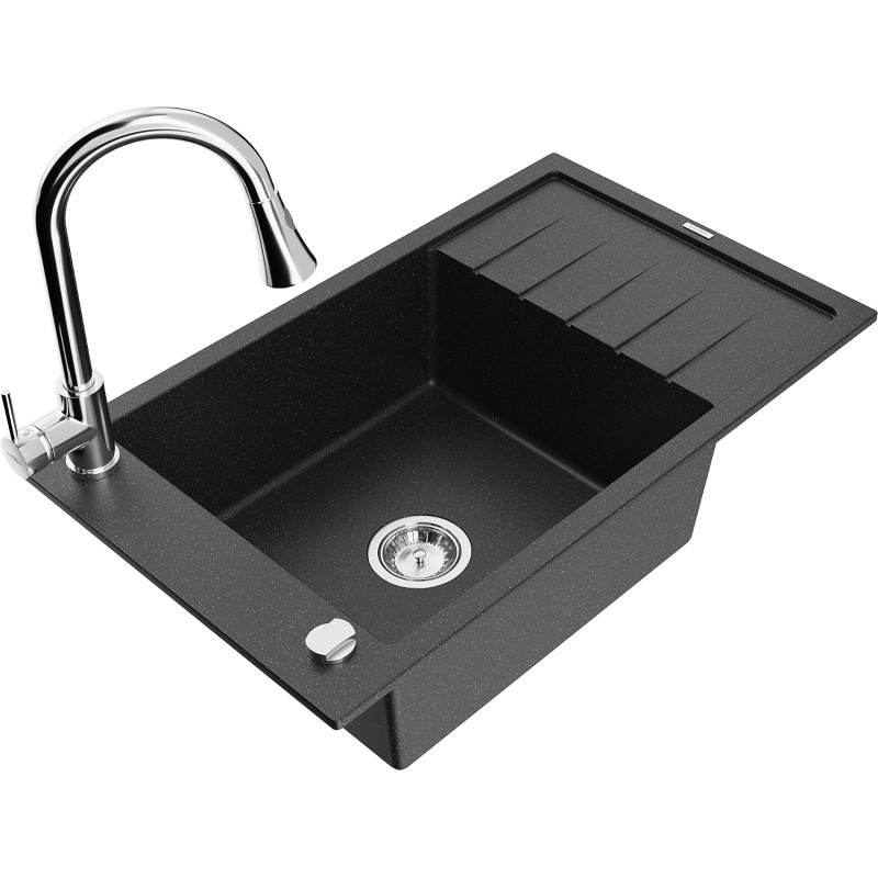 Mexen Elias lavello in granito a una vasca con scolapiatti e miscelatore cucina Elia, nero/argento metallizzato