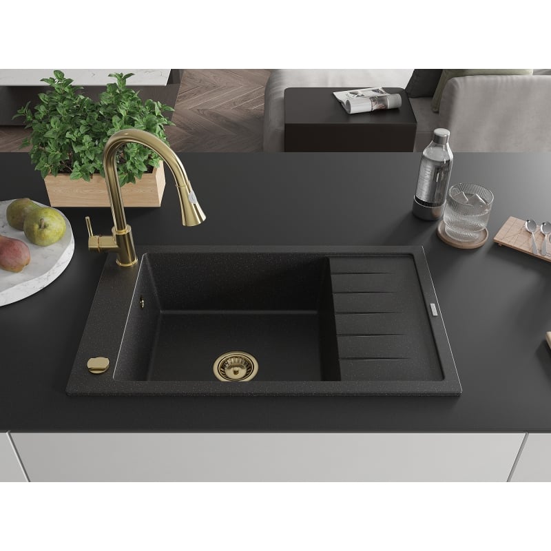 Mexen Elias granitische spoelbak met 1 bak, afdruiprek en keukenmengkraan Elia, zwart/zilver metallic - 6511-73-670101-50