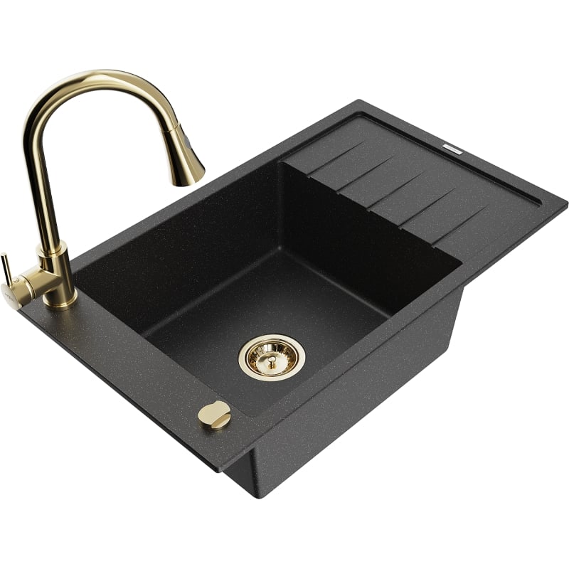 Mexen Elias granitische spoelbak met 1 bak, afdruiprek en keukenmengkraan Elia, zwart/zilver metallic - 6511-73-670101-50