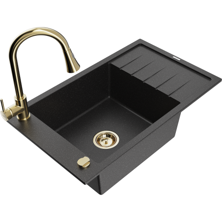 Mexen Elias granitizlietne ar vienu nodalījumu, ar notecinātāju un virtuvēm Elia, melns/sudraba metāliks