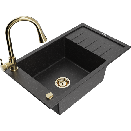 Mexen Elias lavello in granito a 1 vasca con scolapiatti e rubinetto da cucina Elia, nero/argento metallizzato
