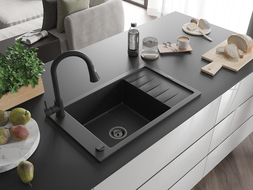 Mexen Elias Granitspüle 1-Becken mit Abtropffläche und Küchenarmatur Elia, schwarz/silber metallic - 6511-73-670101-70-B