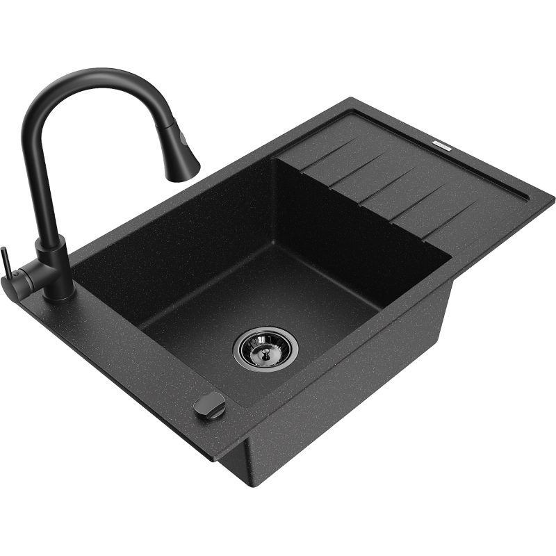 Mexen Elias granieten spoelbak 1-kompartiment met afdruiprek en keukenkraan Elia, zwart/zilver metallic - 6511-73-670101-70-B