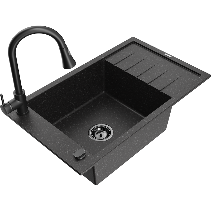 Mexen Elias Granitspüle 1-Becken mit Abtropffläche und Küchenarmatur Elia, schwarz/silber metallic - 6511-73-670101-70-B