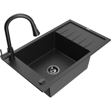 Mexen Elias Granitspüle 1-Becken mit Abtropffläche und Küchenarmatur Elia, schwarz/silber metallic - 6511-73-670101-70-B