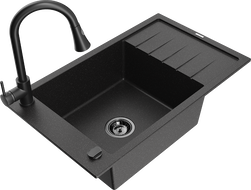 Mexen Elias Granitspüle 1-Becken mit Abtropffläche und Küchenarmatur Elia, schwarz/silber metallic - 6511-73-670101-70-B