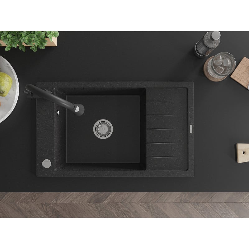Mexen Elias graniittinen yksialtainen keittiöallas kuivaustasolla ja keittiöhana Elia, musta/hopea metalli - 6511-73-670101-70