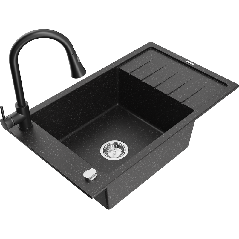 Mexen Elias Granitspüle 1-beckig mit Abtropffläche und Küchenarmatur Elia, schwarz/silber metallic - 6511-73-670101-70