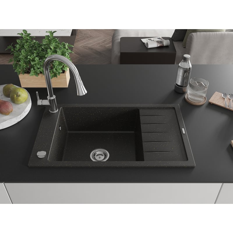 Mexen Elias granit gootsteen 1-komors met afvoer en keukenmengkraan Elia, zwart/goud metallic - 6511-75-670101-00