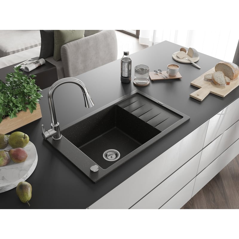 Mexen Elias granit gootsteen 1-komors met afvoer en keukenmengkraan Elia, zwart/goud metallic - 6511-75-670101-00