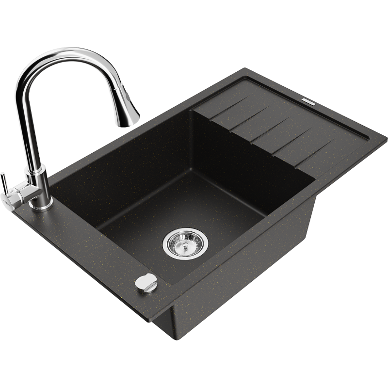 Mexen Elias Granitspüle 1-Becken mit Abtropffläche und Küchenarmatur Elia, Schwarz/Gold Metallic - 6511-75-670101-00