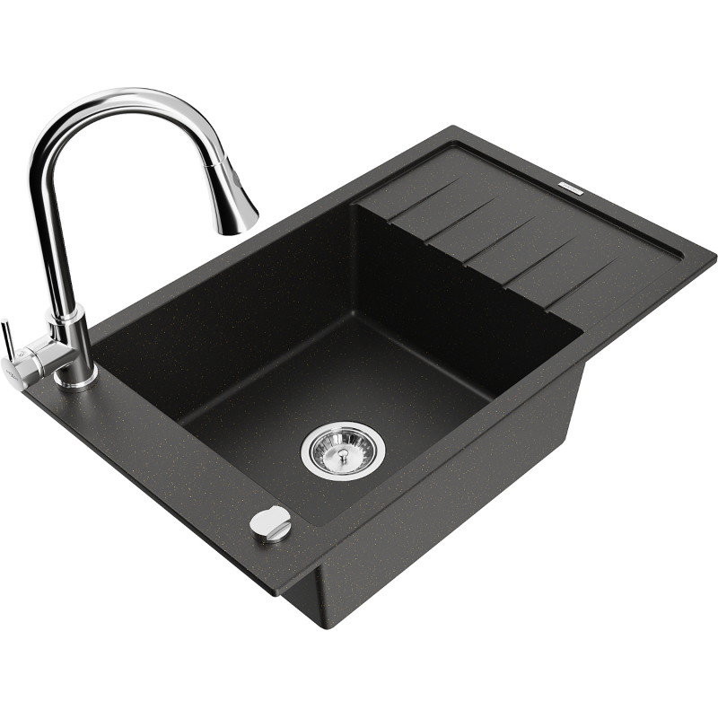 Mexen Elias Granitspüle 1-Becken mit Abtropffläche und Küchenarmatur Elia, schwarz/gold metallisch - 6511-75-670101-00
