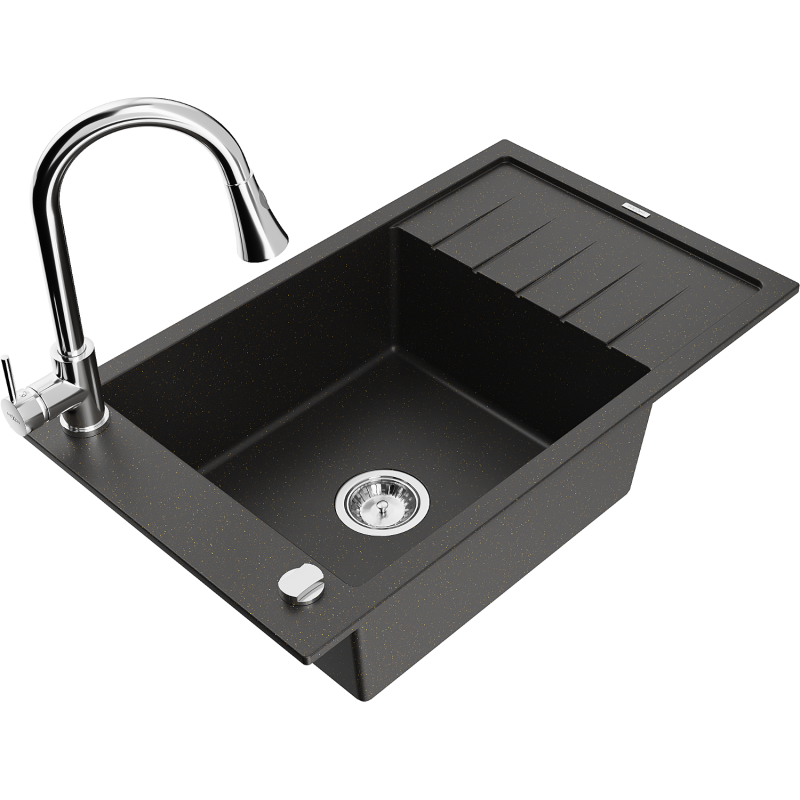 Mexen Elias lava-louça de granito 1-bacia com escorredor e torneira de cozinha Elia, preto/dourado metálico