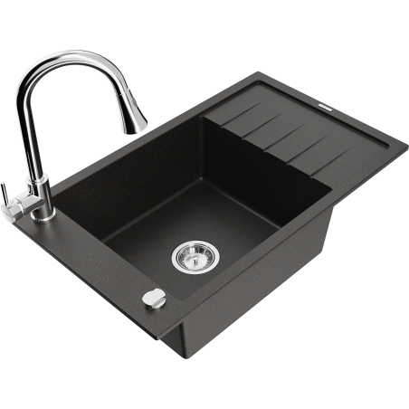 Mexen Elias évier en granit 1 bac avec égouttoir et robinet de cuisine Elia, noir/or métallisé - 6511-75-670101-00