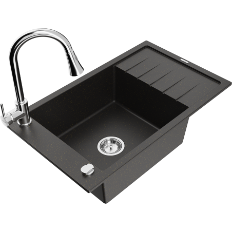 Mexen Elias granitspoelbak 1-komors met afdruiprek en keukenmengkraan Elia, zwart/gouden metallic - 6511-75-670101-00