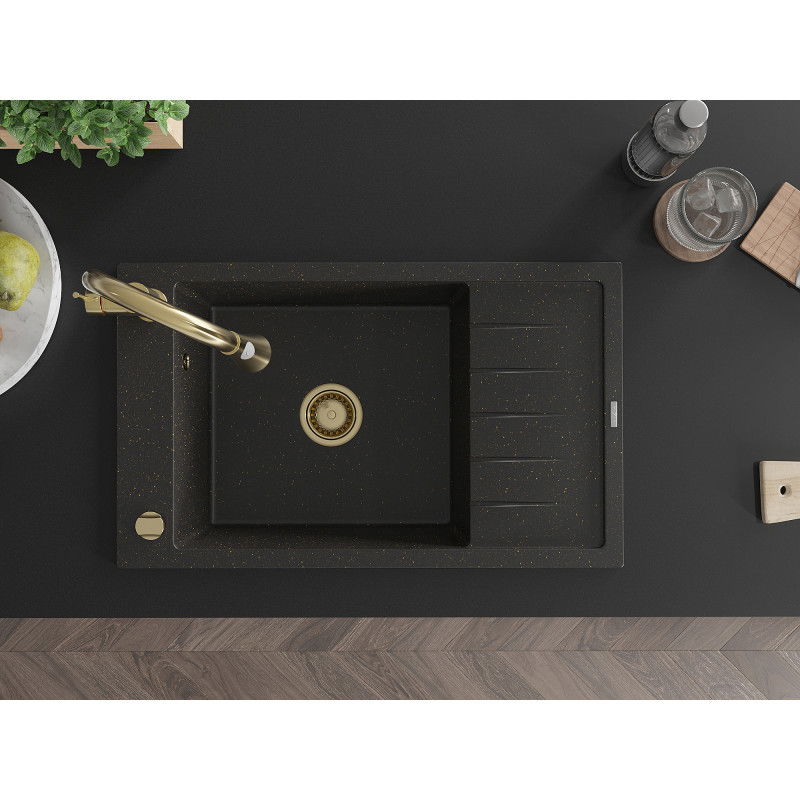 Mexen Elias évier en granit 1 bac avec égouttoir et mitigeur de cuisine Elia, noir/doré métallique - 6511-75-670101-50