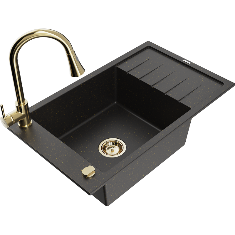 Mexen Elias Granitisk diskho med 1 fack, avrinningsyta och köksblandare Elia, svart/guldfärgad metalik - 6511-75-670101-50