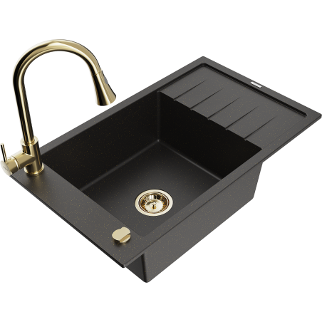 Mexen Elias 1-bowl granite sink with drainer and Elia kitchen faucet, black/gold metallic - 6511-75-670101-50