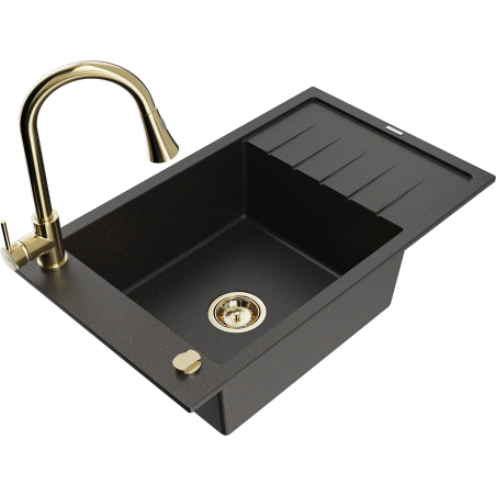 Mexen Elias Granitspüle 1-beckig mit Abtropffläche und Küchenarmatur Elia, schwarz/goldmetallic - 6511-75-670101-50