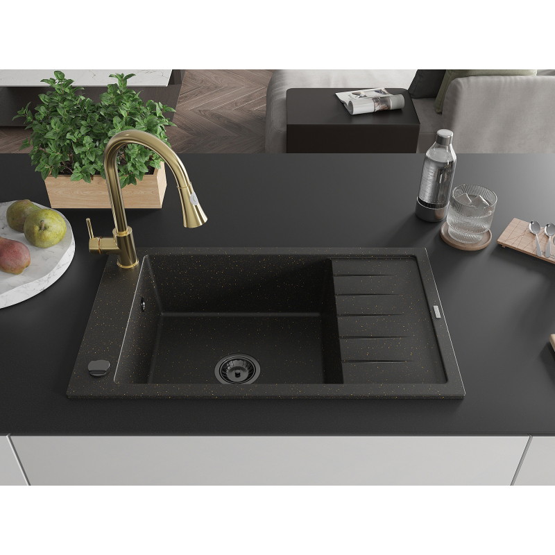 Mexen Elias fregadero de granito de 1 seno con escurridor y grifo de cocina Elia, negro/dorado metálico - 6511-75-670101-50-B