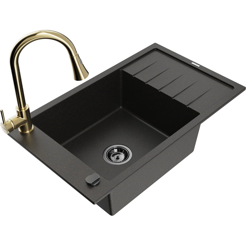 Mexen Elias fregadero de granito de 1 seno con escurridor y grifo de cocina Elia, negro/dorado metálico - 6511-75-670101-50-B
