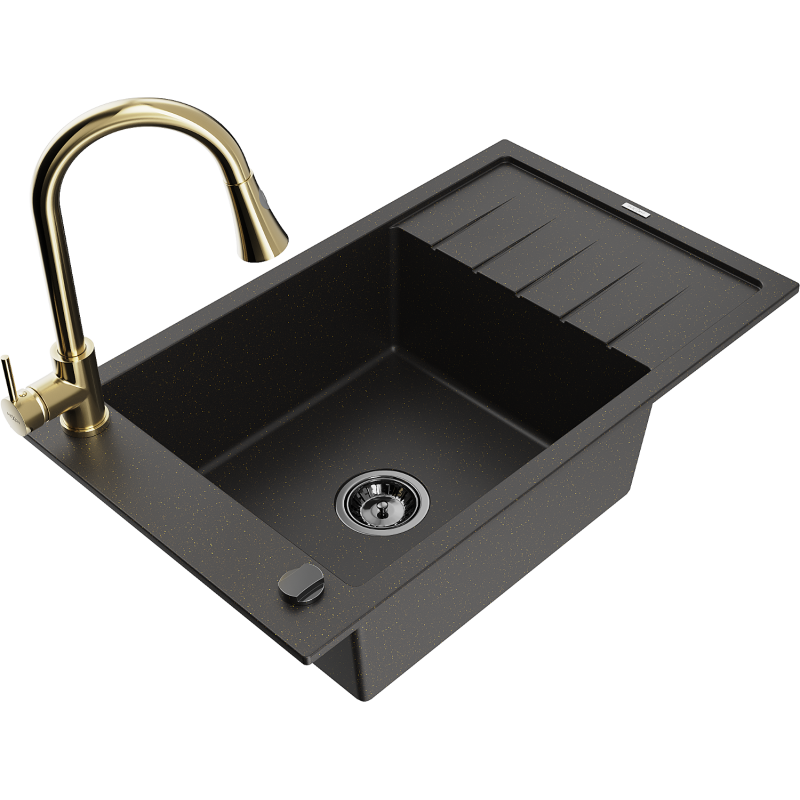Mexen Elias fregadero de granito de 1 seno con escurridor y grifo de cocina Elia, negro/oro metálico - 6511-75-670101-50-B