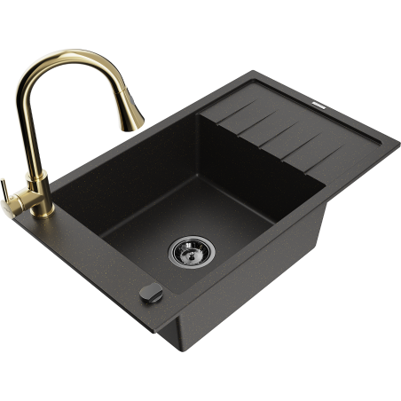 Mexen Elias évier en granit à 1 cuve avec égouttoir et robinet de cuisine Elia, noir/doré métallique - 6511-75-670101-50-B
