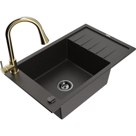 Mexen Elias Granitspüle 1-beckig mit Abtropffläche und Küchenarmatur Elia, schwarz/goldener Metallic - 6511-75-670101-50-B