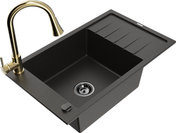 Mexen Elias fregadero de granito de 1 seno con escurridor y grifo de cocina Elia, negro/oro metálico - 6511-75-670101-50-B