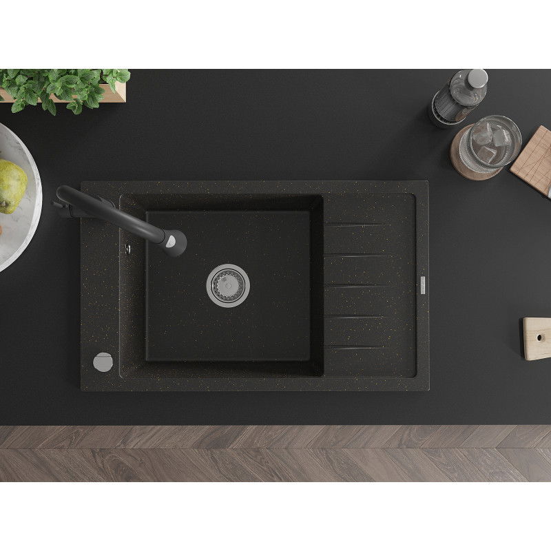 Mexen Elias fregadero de granito de 1 tazón con escurridor y grifo de cocina Elia, negro/oro metálico - 6511-75-670101-70