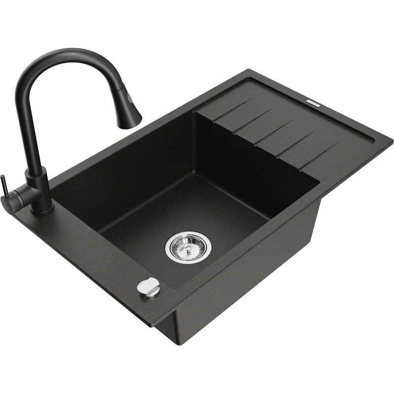 Mexen Elias fregadero de granito de 1 tazón con escurridor y grifo de cocina Elia, negro/oro metálico - 6511-75-670101-70
