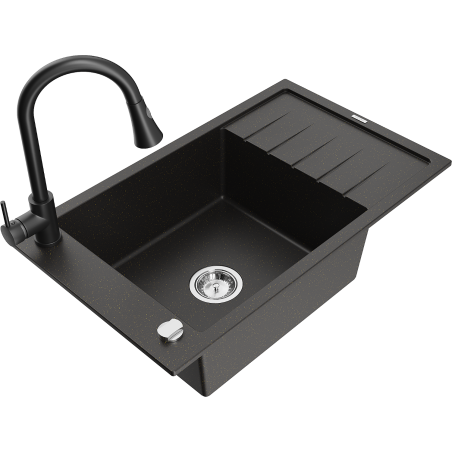 Mexen Elias lavello in granito a 1 vasca con sgocciolatoio e rubinetto da cucina Elia, nero/oro metallizzato - 6511-75-670101-70