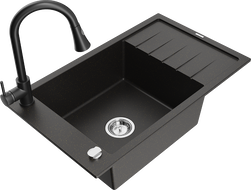 Mexen Elias granite sink 1-bowl with drainer and kitchen tap Elia, black/gold metallic - 6511-75-670101-70