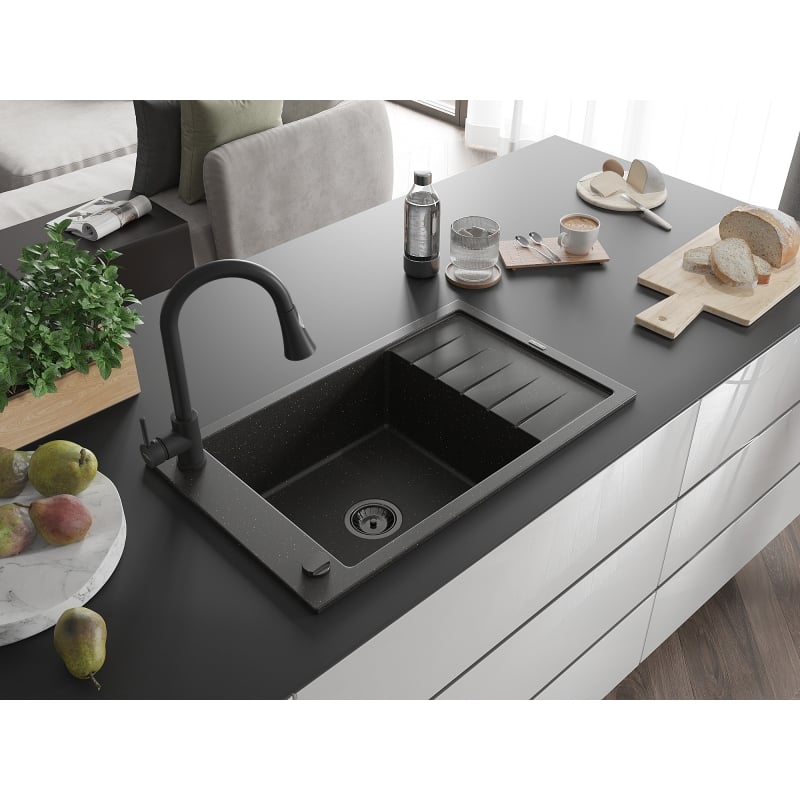 Mexen Elias lavello in granito a 1 vasca con scolapiatti e rubinetto da cucina Elia, nero/oro metallizzato - 6511-75-670101-70-B