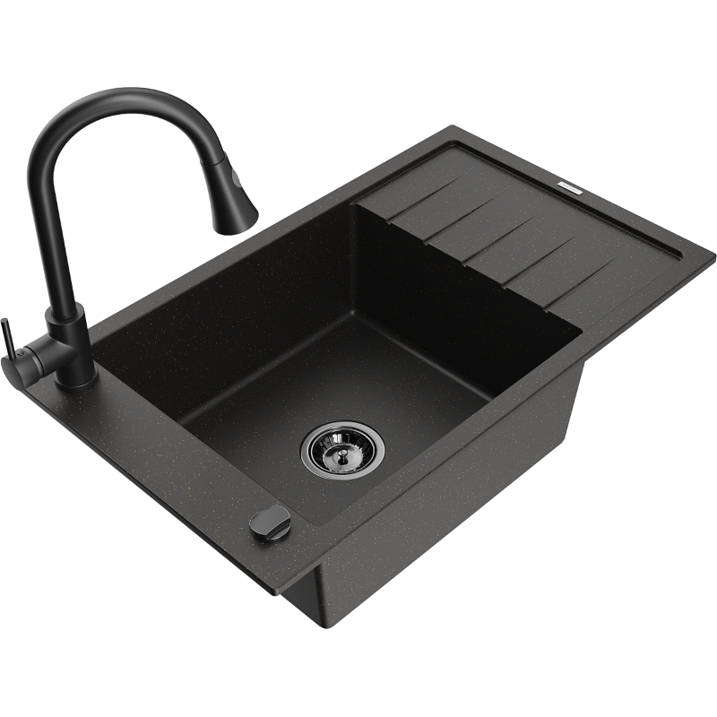 Mexen Elias granieten spoelbak met 1 bak, afdruipplaat en keukenmengkraan Elia, zwart/goud metallic - 6511-75-670101-70-B