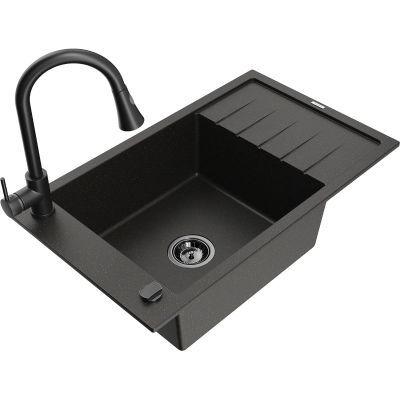 Mexen Elias granieten spoelbak met 1 bak, afdruiprek en keukenkraan Elia, zwart/gouden metallic - 6511-75-670101-70-B