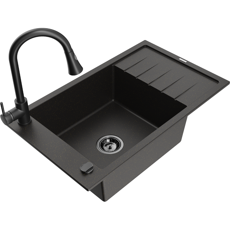 Mexen Elias lavello in granito 1-vasca con sgocciolatoio e rubinetto da cucina Elia, nero/oro metallico - 6511-75-670101-70-B