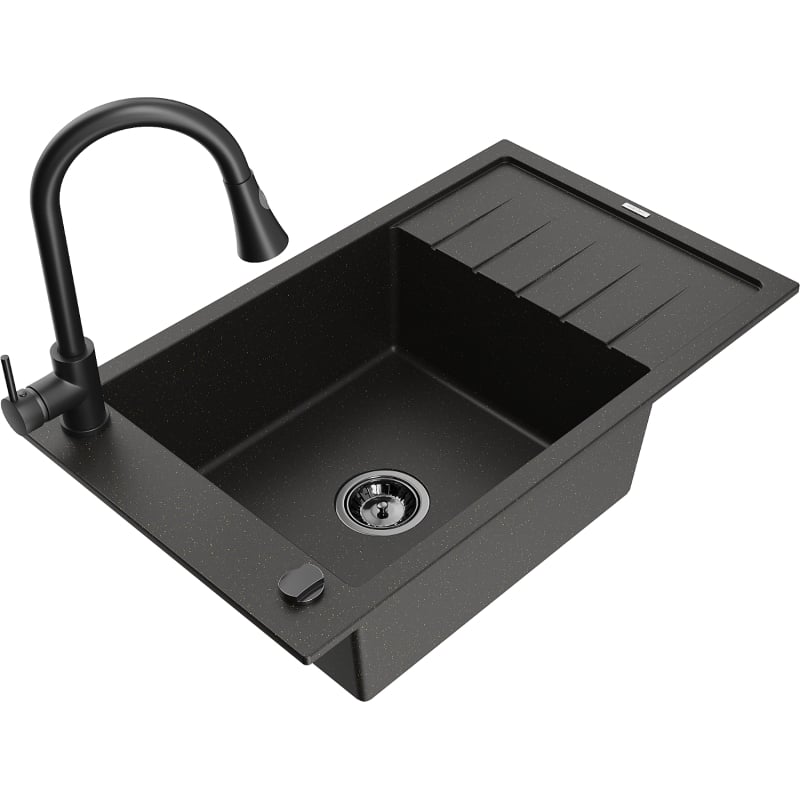 Mexen Elias lavello in granito a 1 vasca con scolapiatti e rubinetto da cucina Elia, nero/oro metallizzato - 6511-75-670101-70-B