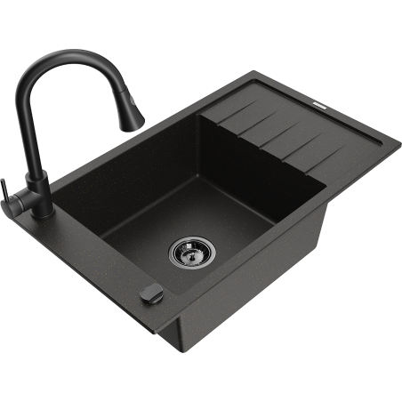 Mexen Elias fregadero de granito de 1 cubeta con escurridor y grifo de cocina Elia, negro/dorado metálico - 6511-75-670101-70-B