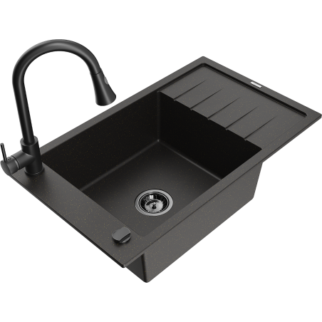 Mexen Elias lavello in granito a 1 vasca con scolapiatti e rubinetto da cucina Elia, nero/oro metallizzato - 6511-75-670101-70-B