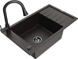 Mexen Elias granite kitchen sink 1-bowl with drainer and Elia kitchen tap, black/gold metallic - 6511-75-670101-70-B