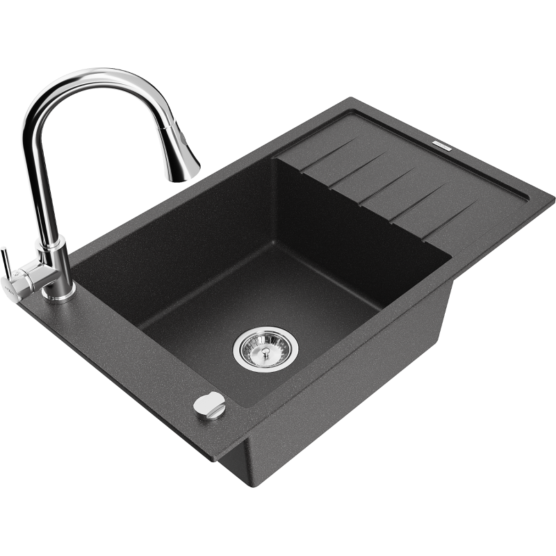 Mexen Elias fregadero de granito de 1 seno con escurridor y grifo de cocina Elia, negro moteado - 6511-76-670101-00