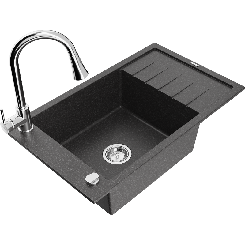 Mexen Elias lavello in granito a 1 vasca con scolapiatti e rubinetto da cucina Elia, nero maculato - 6511-76-670101-00