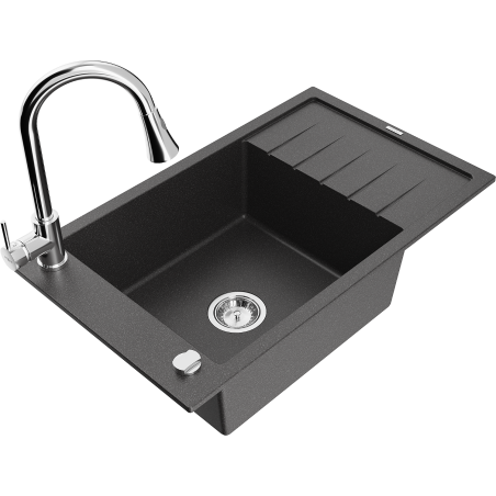Mexen Elias évier en granit 1 bac avec égouttoir et robinet de cuisine Elia, noir moucheté - 6511-76-670101-00