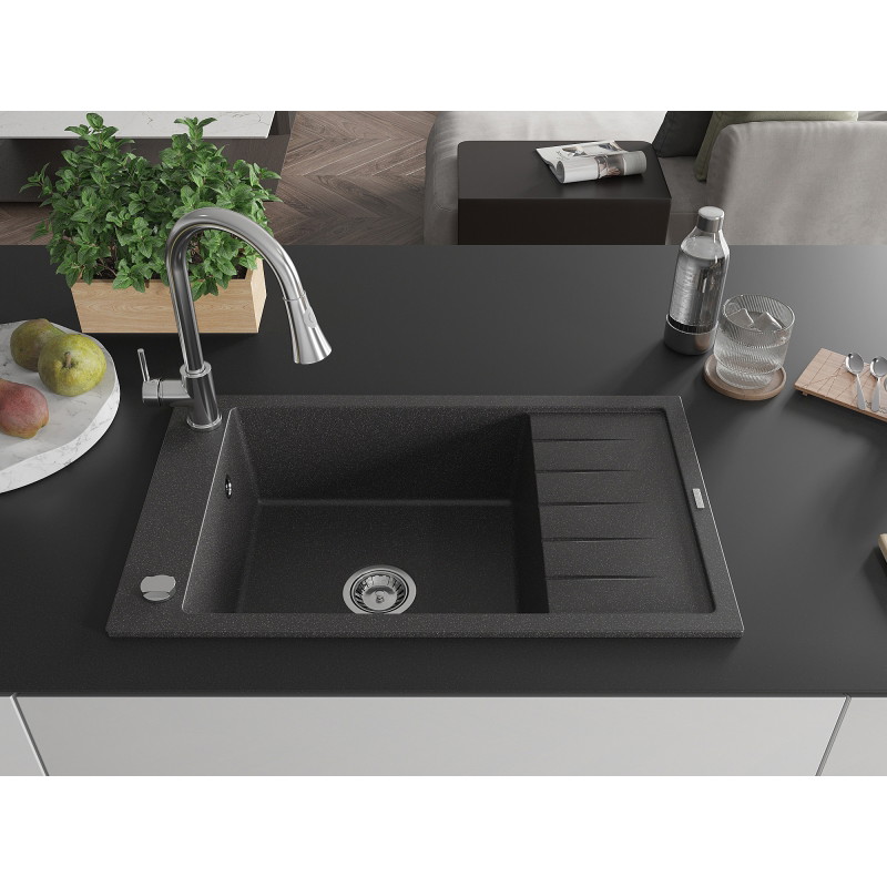 Mexen Elias fregadero de granito de 1 compartimento con escurridor y grifo de cocina Elia, negro moteado - 6511-76-670101-00