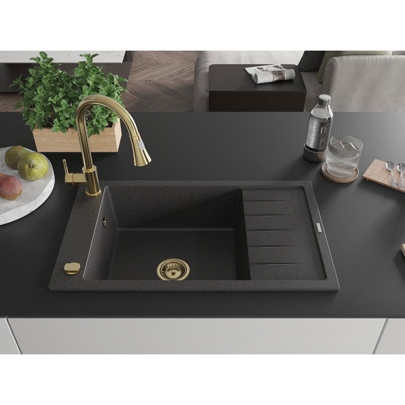 Mexen Elias granite sink 1-bowl with drainer and kitchen tap Elia, speckled black - 6511-76-670101-50