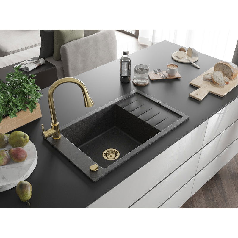 Mexen Elias granite sink 1-bowl with drainer and kitchen tap Elia, speckled black - 6511-76-670101-50