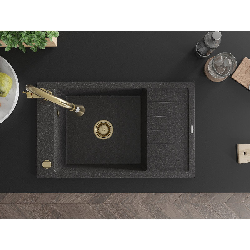 Mexen Elias granite sink 1-bowl with drainer and kitchen tap Elia, speckled black - 6511-76-670101-50